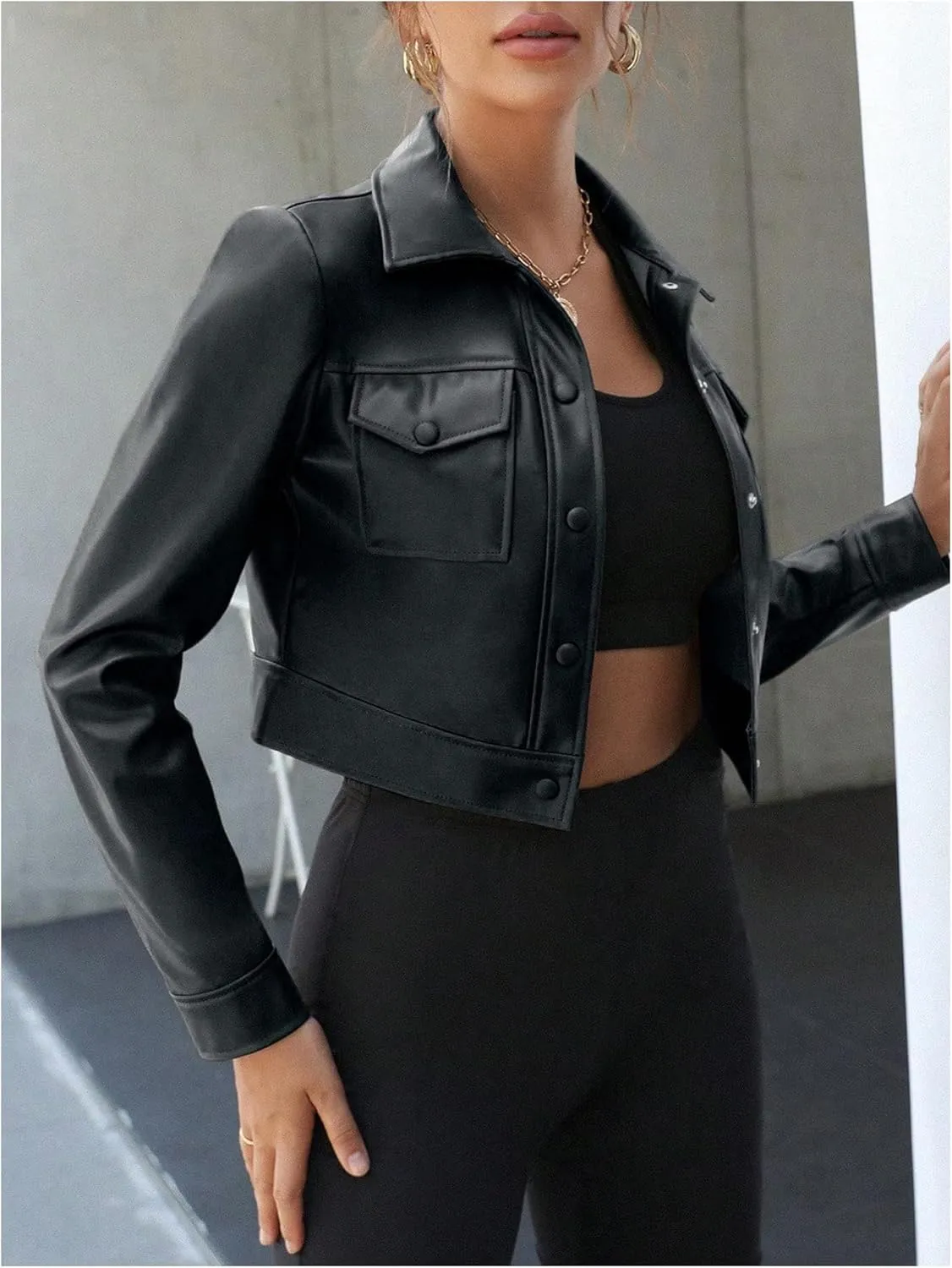MakeMeChic Women's PU Leather Cropped Jacket Long Sleeve Collar Neck Button Down Coats