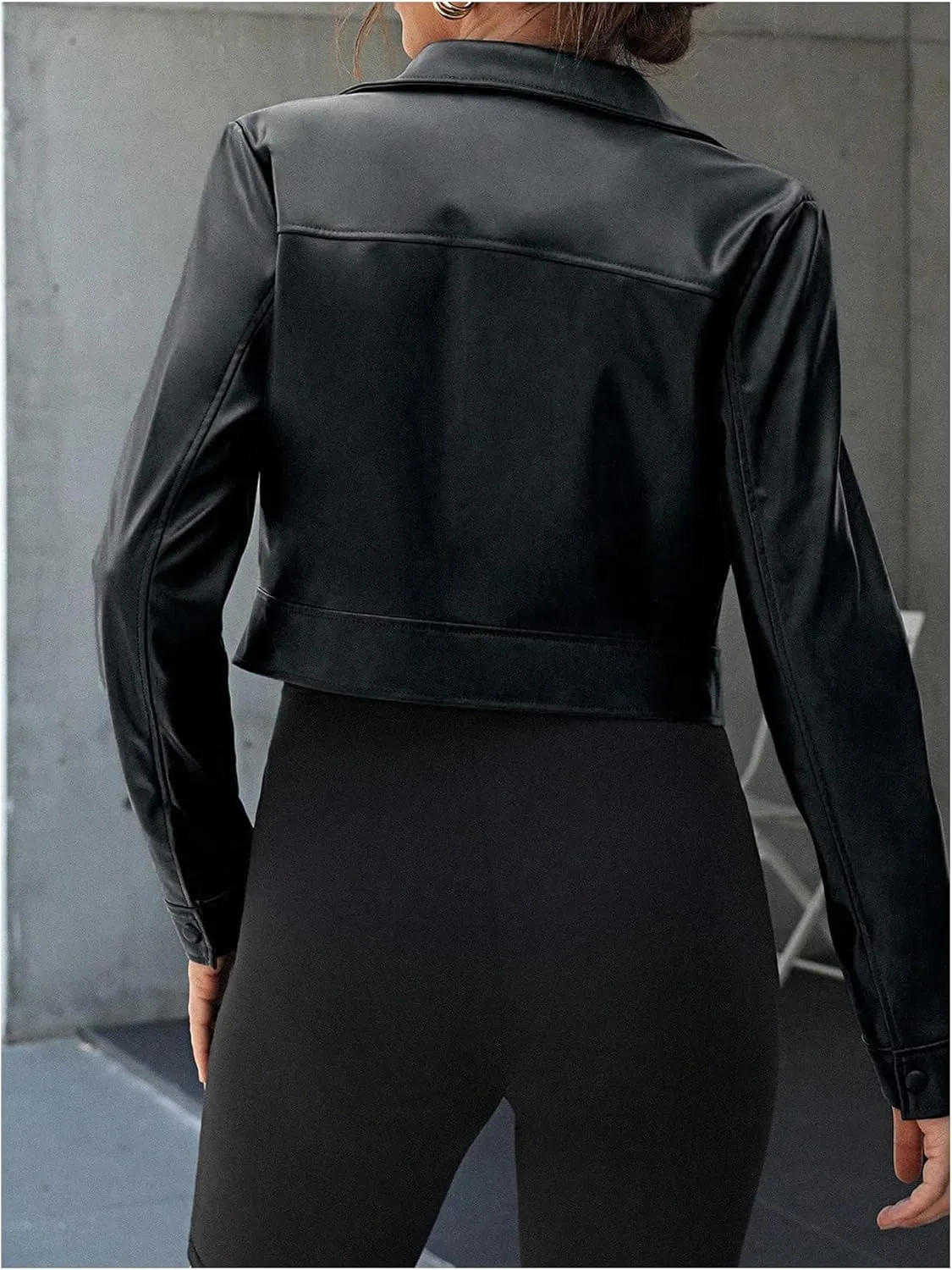 MakeMeChic Women's PU Leather Cropped Jacket Long Sleeve Collar Neck Button Down Coats