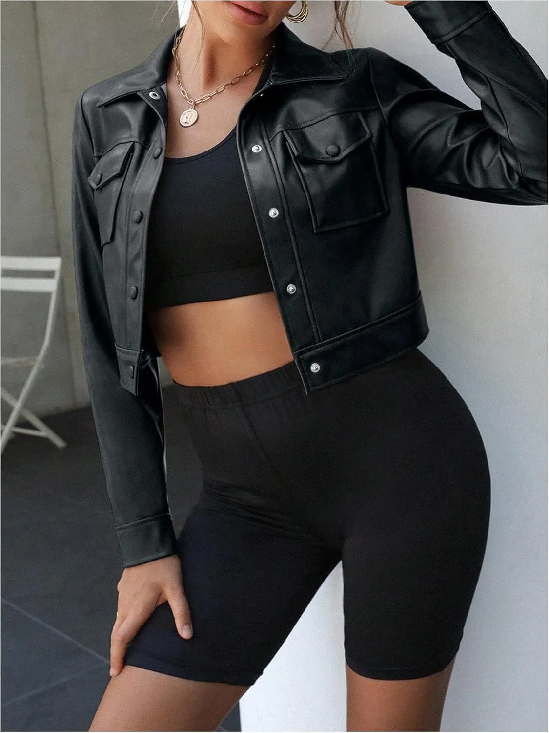 MakeMeChic Women's PU Leather Cropped Jacket Long Sleeve Collar Neck Button Down Coats