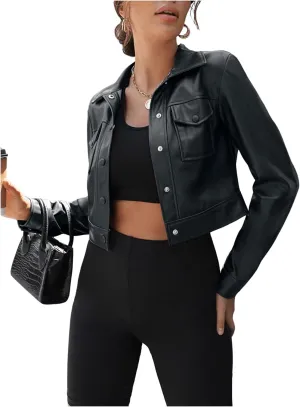 MakeMeChic Women's PU Leather Cropped Jacket Long Sleeve Collar Neck Button Down Coats