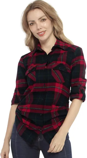 Match Womens Button Down Flannel Plaid Shirts roll up Long Sleeve Shackets Business Blouse Top