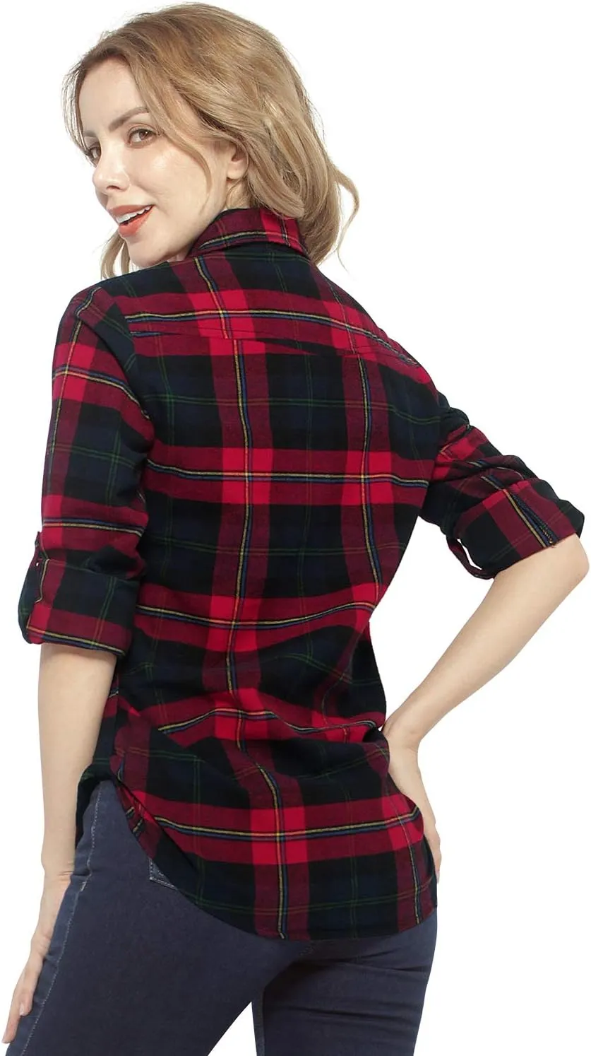Match Womens Button Down Flannel Plaid Shirts roll up Long Sleeve Shackets Business Blouse Top