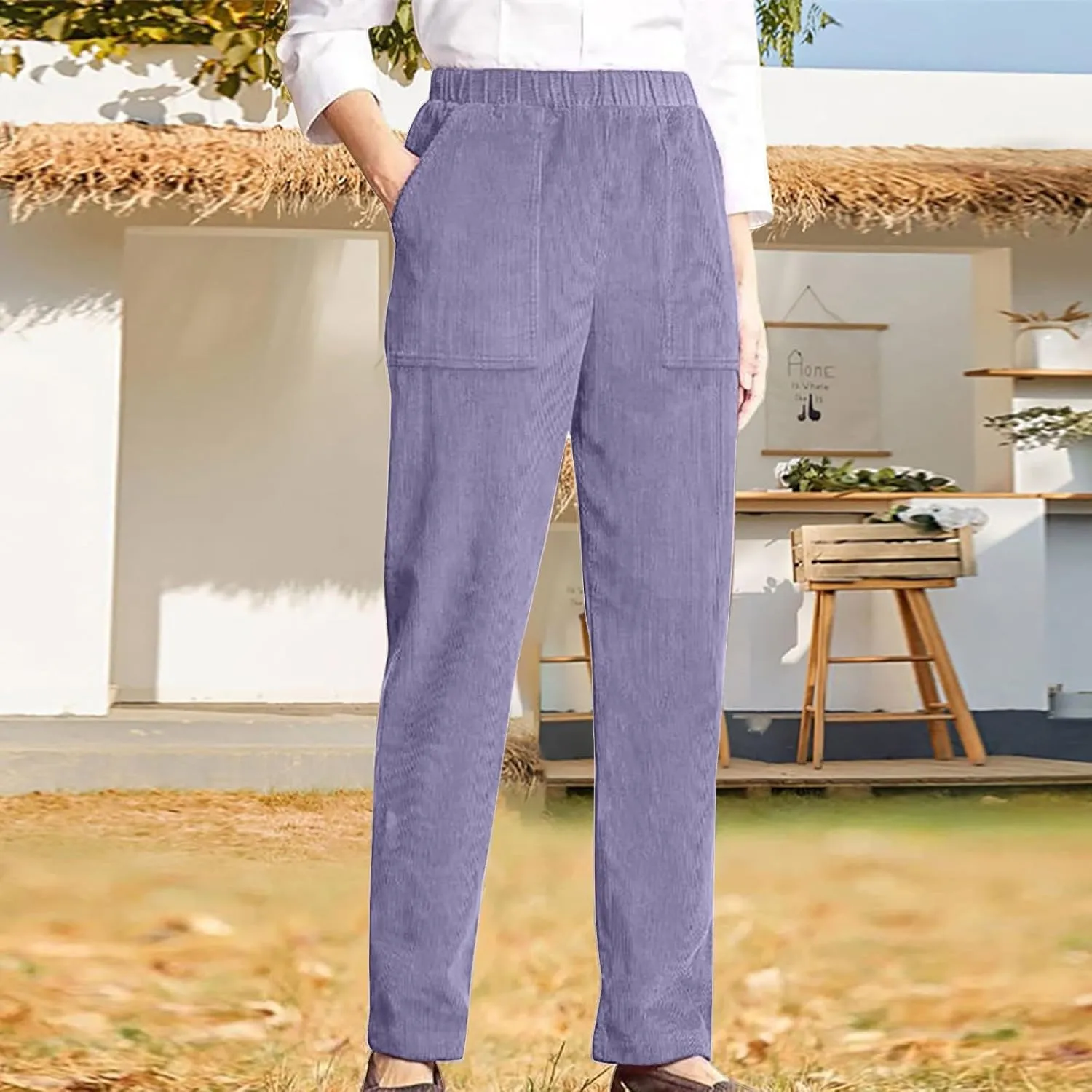 MCILLO Ladies Corduroy Pants Women Elastic High Waist Straight Leg Slacks Casual Trousers with Pocket