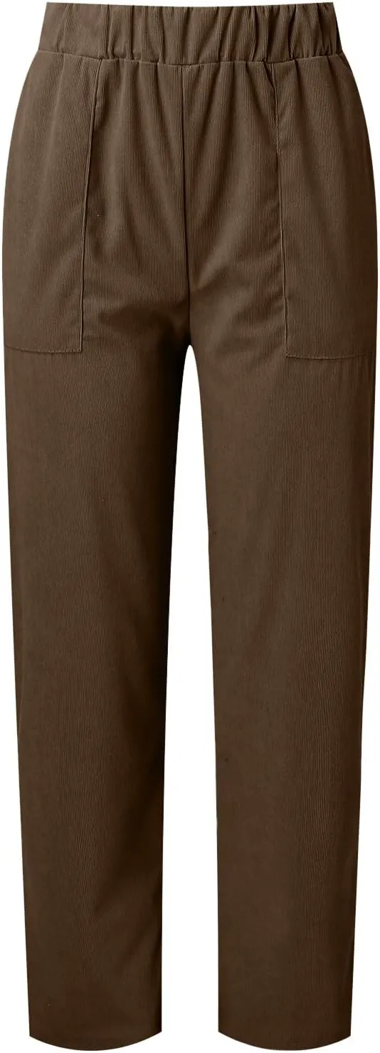 MCILLO Ladies Corduroy Pants Women Elastic High Waist Straight Leg Slacks Casual Trousers with Pocket