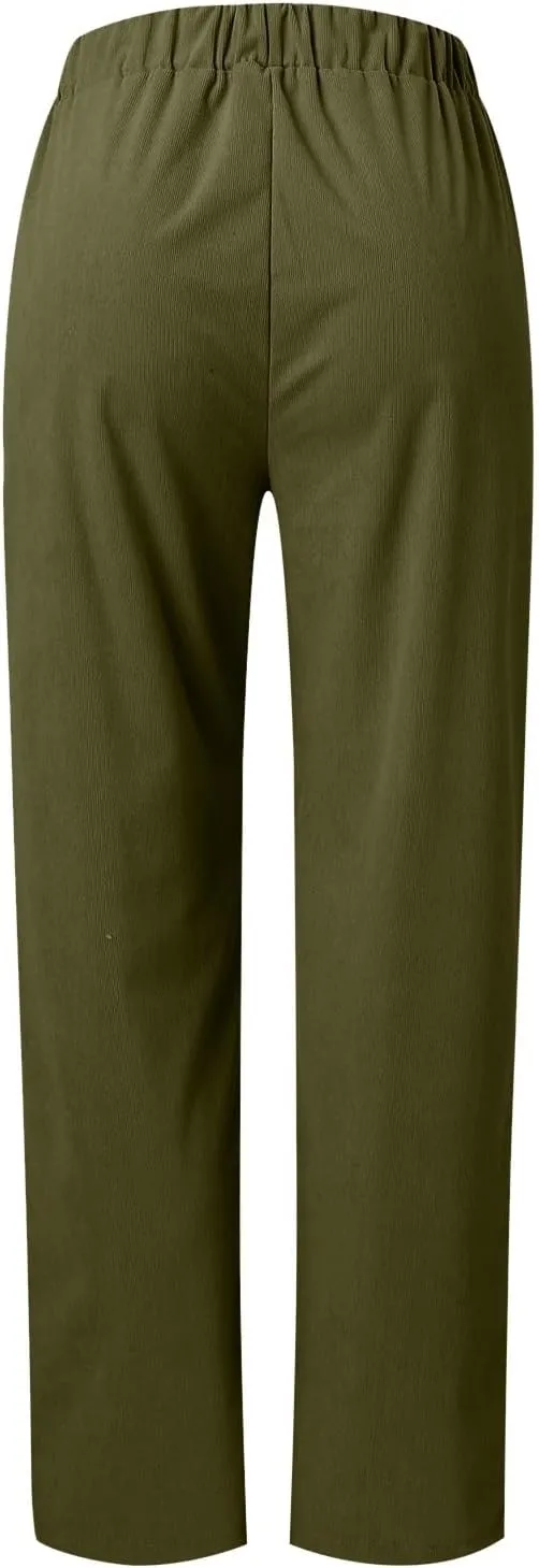 MCILLO Ladies Corduroy Pants Women Elastic High Waist Straight Leg Slacks Casual Trousers with Pocket