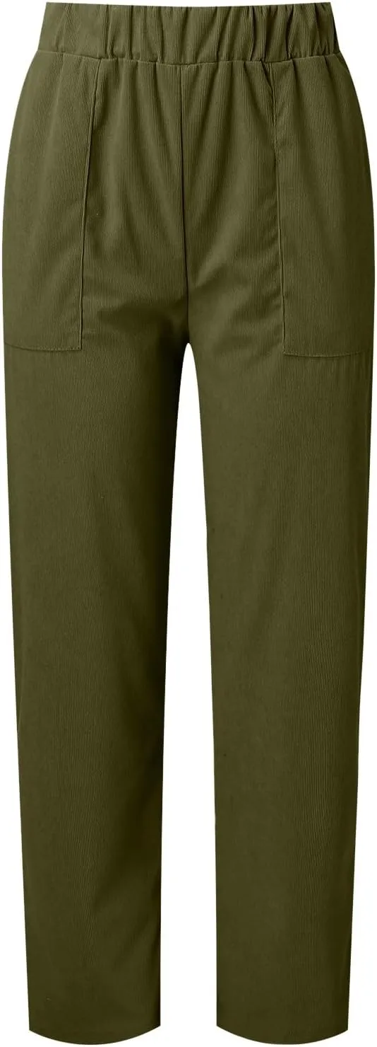 MCILLO Ladies Corduroy Pants Women Elastic High Waist Straight Leg Slacks Casual Trousers with Pocket