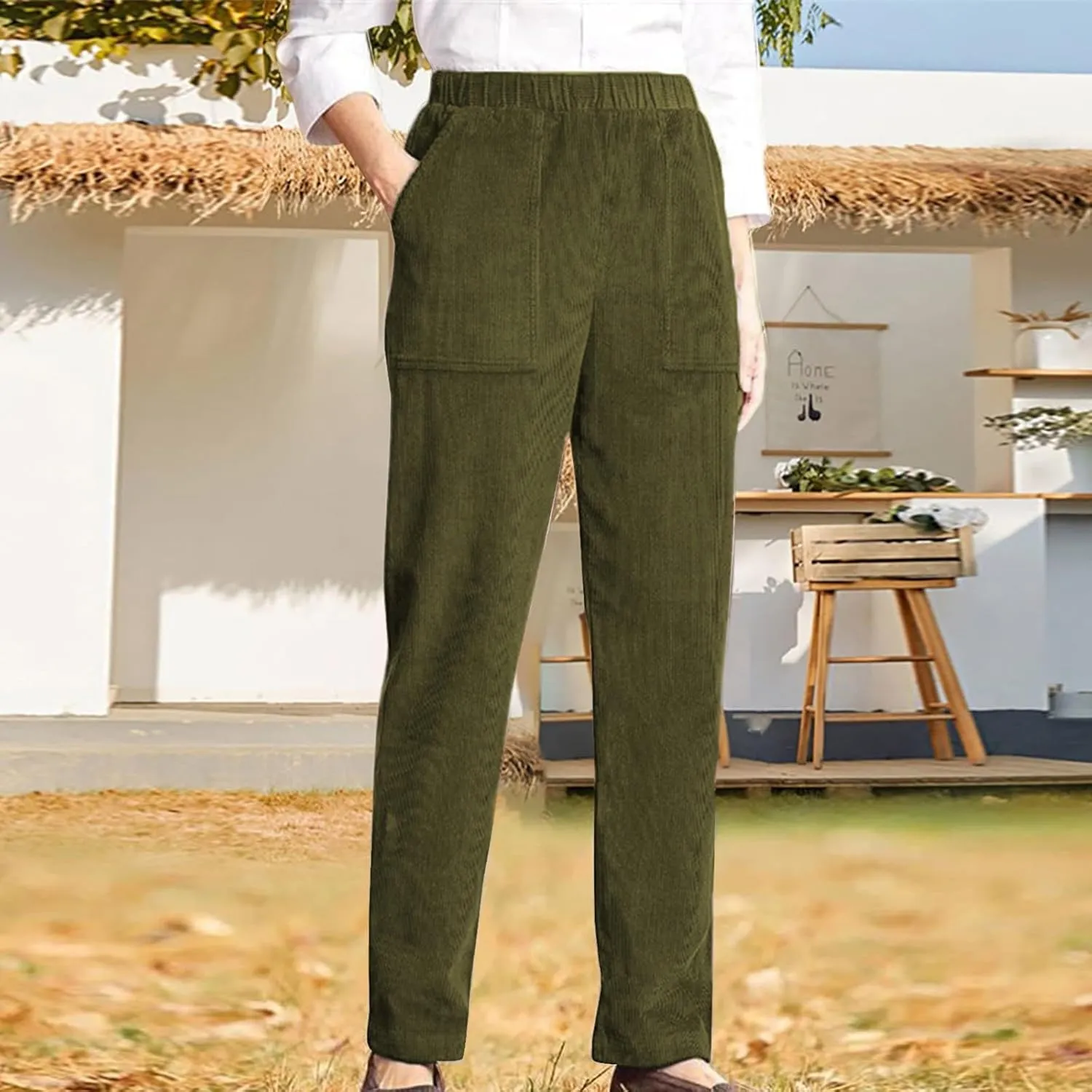 MCILLO Ladies Corduroy Pants Women Elastic High Waist Straight Leg Slacks Casual Trousers with Pocket