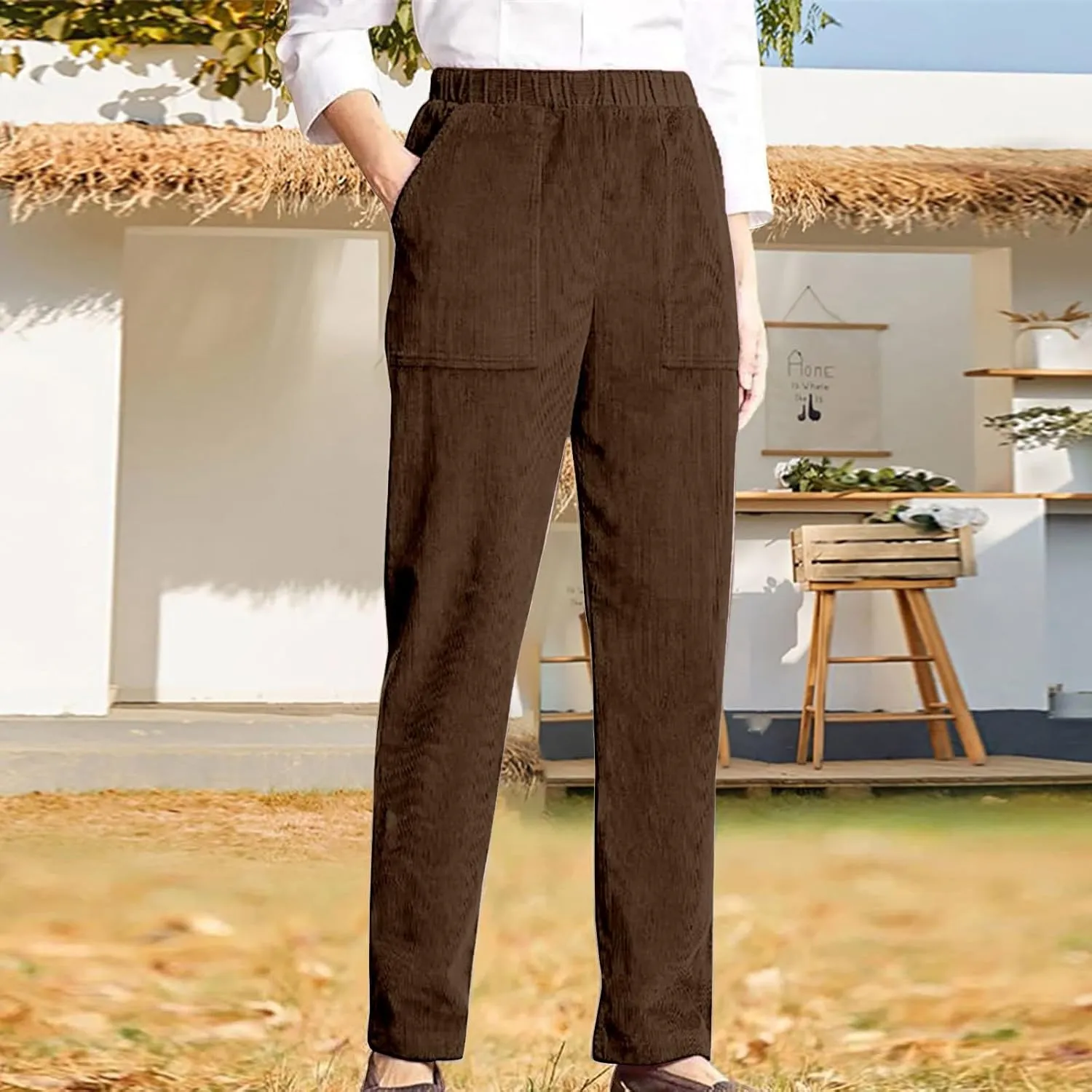 MCILLO Ladies Corduroy Pants Women Elastic High Waist Straight Leg Slacks Casual Trousers with Pocket