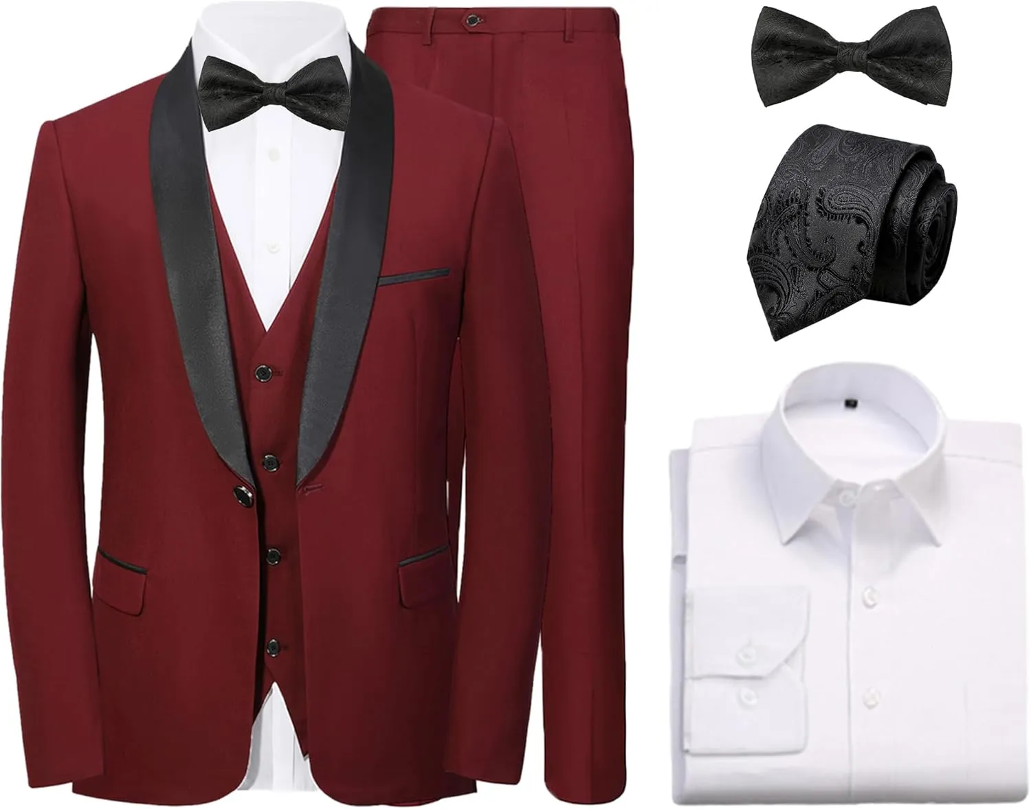 Men's 6 Pieces Slim Fit Suit 1 Button Blazer Jacket Vest Pants Shirts Tie Bow Tie Tuxedo Set for Dinner Party Wedding