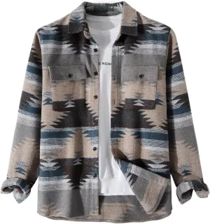 Men's Aztec Print Shacket Long Sleeve Button Up Woolen Shirt Jacket