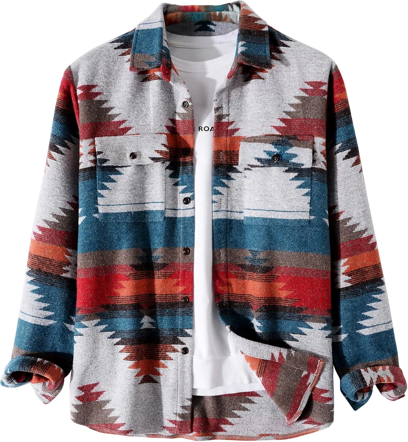 Men's Aztec Print Shacket Long Sleeve Button Up Woolen Shirt Jacket