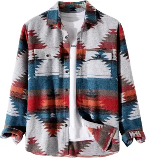 Men's Aztec Print Shacket Long Sleeve Button Up Woolen Shirt Jacket