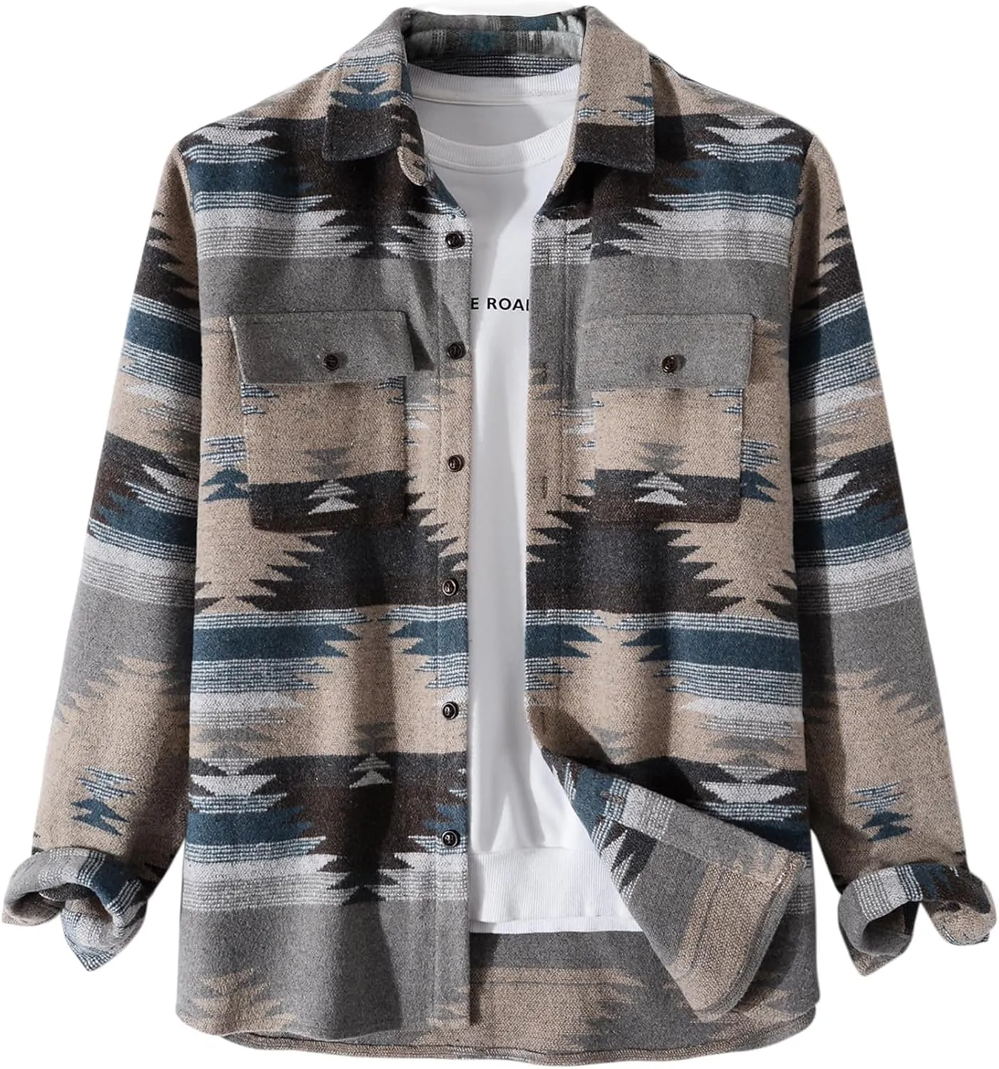 Men's Aztec Print Shacket Long Sleeve Button Up Woolen Shirt Jacket