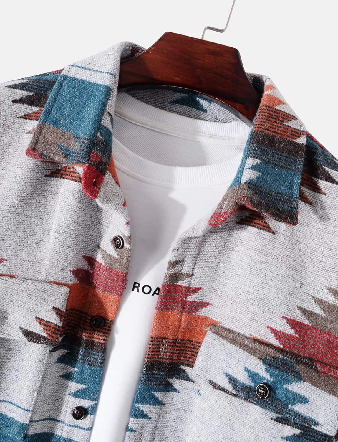 Men's Aztec Print Shacket Long Sleeve Button Up Woolen Shirt Jacket