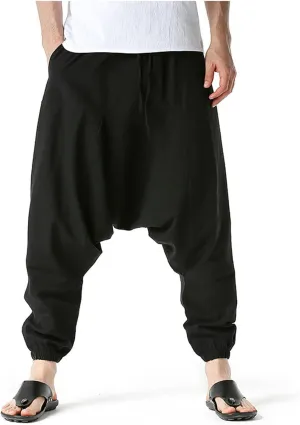 Mens Baggy Harem Pants Drawstring Waist Hippie Anime Pant Solid Color Casual Drop Crotch Wide Leg Trousers