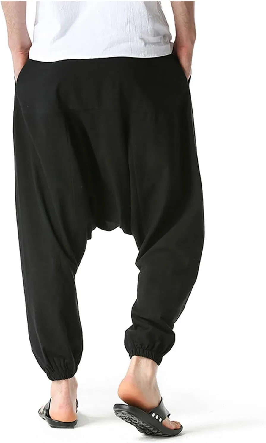 Mens Baggy Harem Pants Drawstring Waist Hippie Anime Pant Solid Color Casual Drop Crotch Wide Leg Trousers