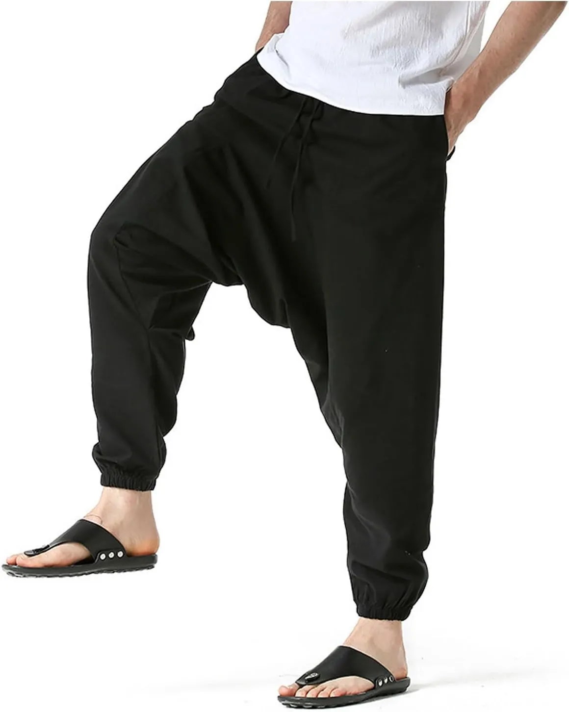 Mens Baggy Harem Pants Drawstring Waist Hippie Anime Pant Solid Color Casual Drop Crotch Wide Leg Trousers
