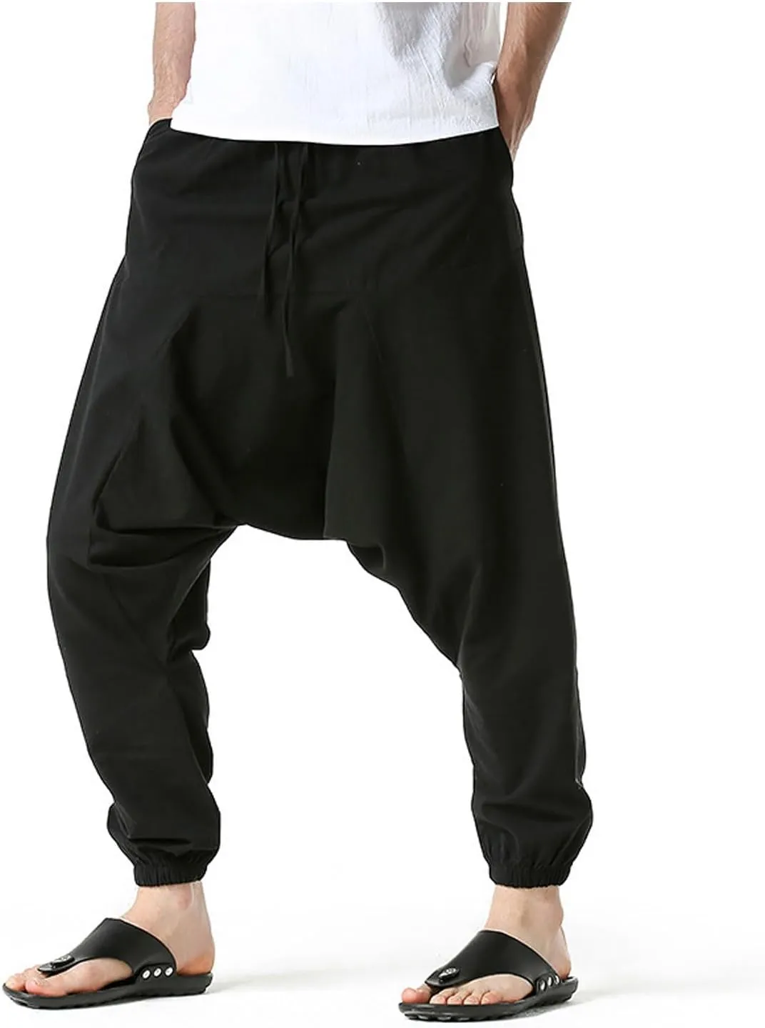 Mens Baggy Harem Pants Drawstring Waist Hippie Anime Pant Solid Color Casual Drop Crotch Wide Leg Trousers