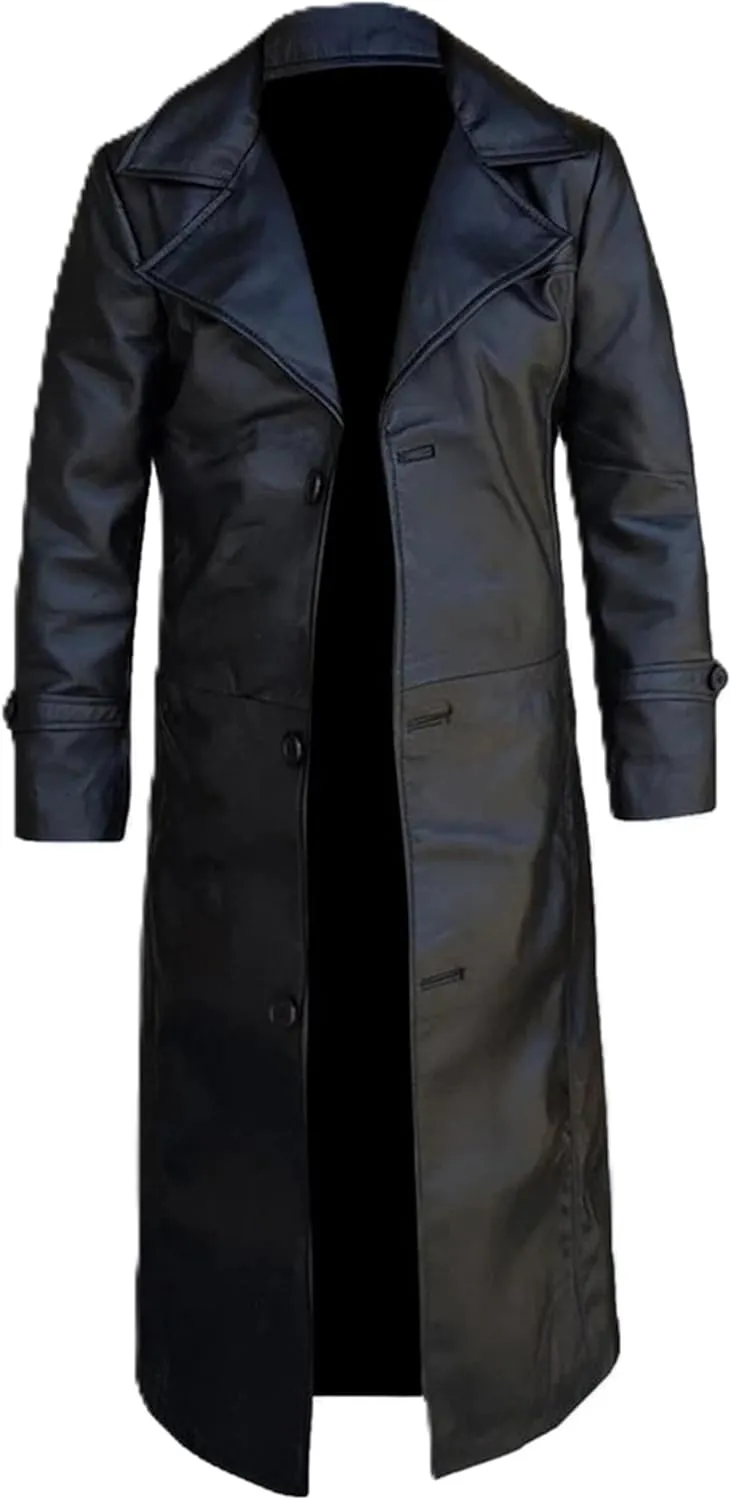 Mens Black Leather Winter Trench Coat Gothic Long Trench Long Duster Steampunk Coats