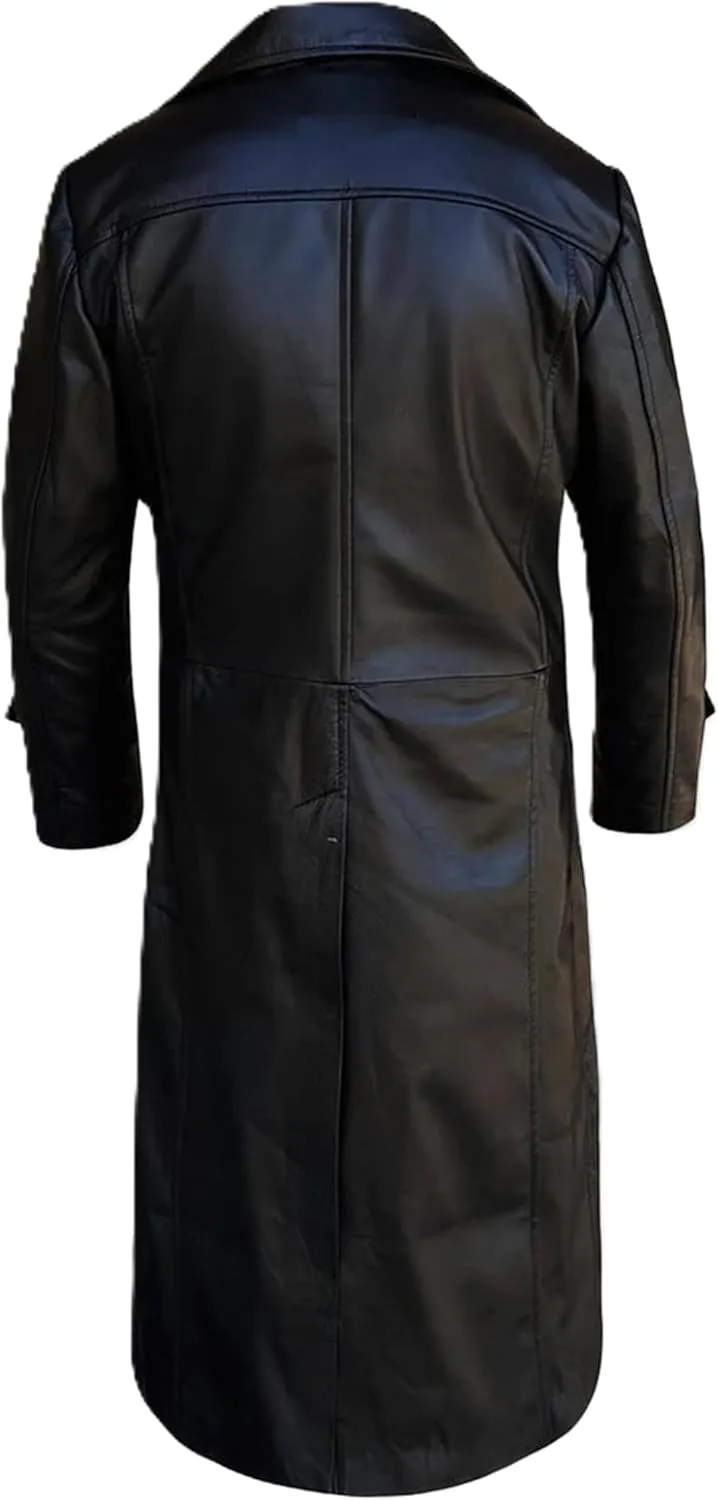 Mens Black Leather Winter Trench Coat Gothic Long Trench Long Duster Steampunk Coats