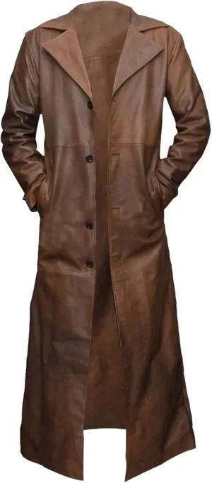 Mens Brown Coat Vintage Detective WW2 Leather Duster Trench Long Length Jacket
