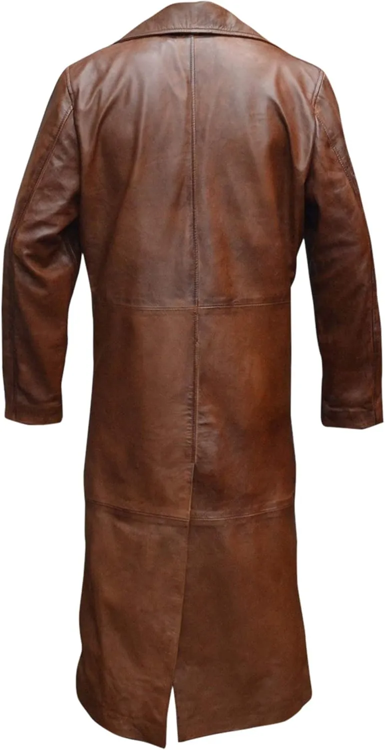 Mens Brown Coat Vintage Detective WW2 Leather Duster Trench Long Length Jacket