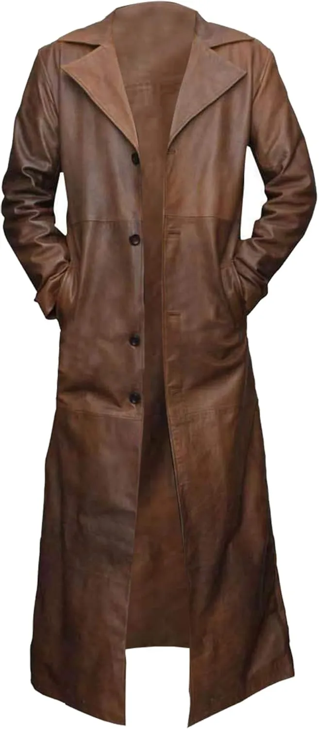 Mens Brown Coat Vintage Detective WW2 Leather Duster Trench Long Length Jacket