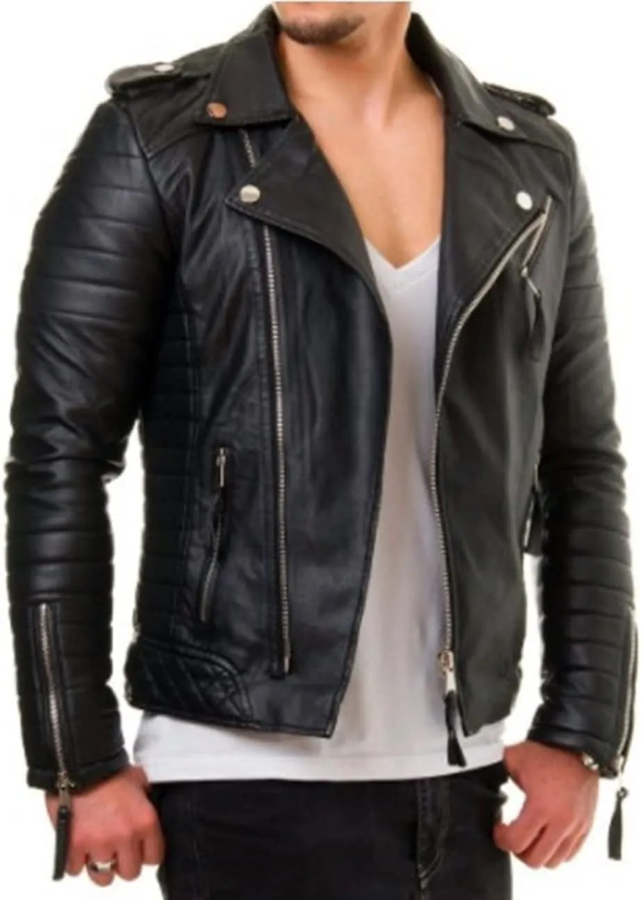 Mens Cafe Racer Black Biker Slim Fit Genuine Sheepskin Leather Motorcycle jacket For Men