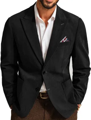 Mens Corduroy Jacket Vintage Classic Blazer for Men Two Button Peak Lapel Sport Coats Black