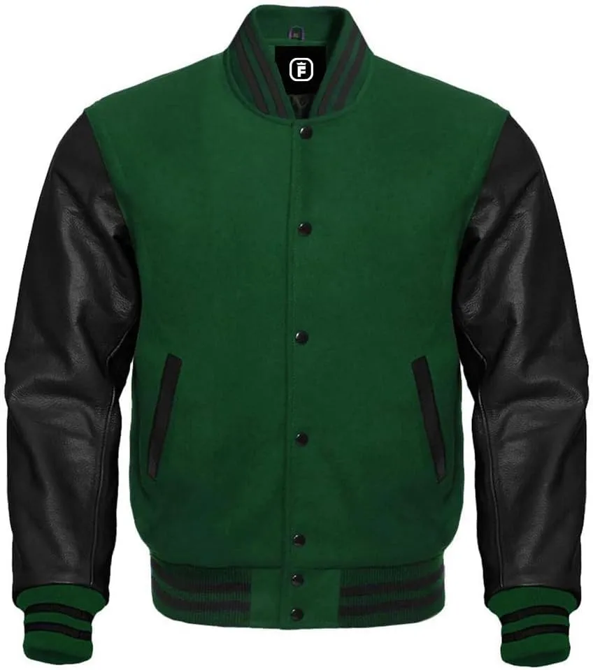 men's fashion lettermen baseball varsity jacket casual slim fit bomber jackets genuine leather seleeve wool body