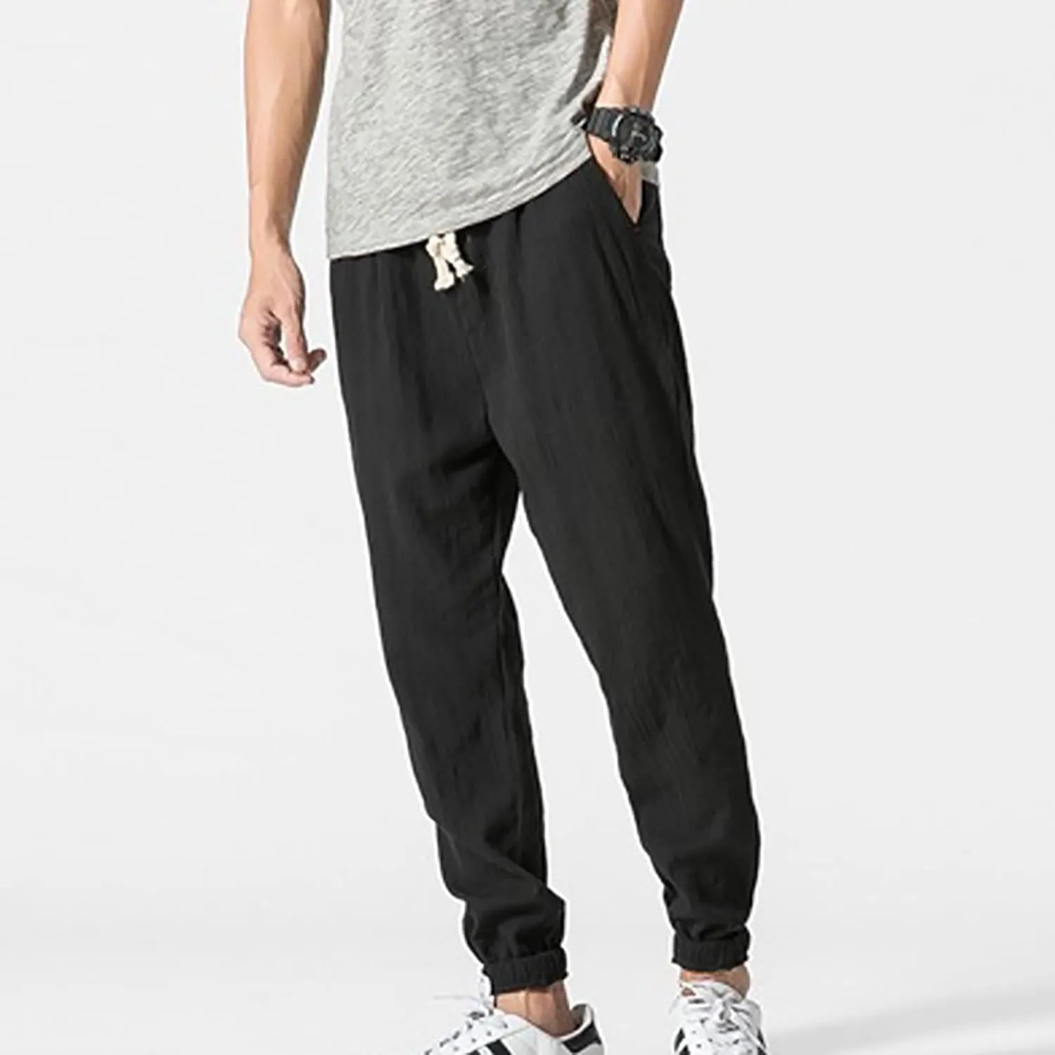 Mens Lantern Casual Pants Loose Fit Hiking Trousers Cotton Linen Trendy Harlen Pants Drawstring Waist Tapered Pants