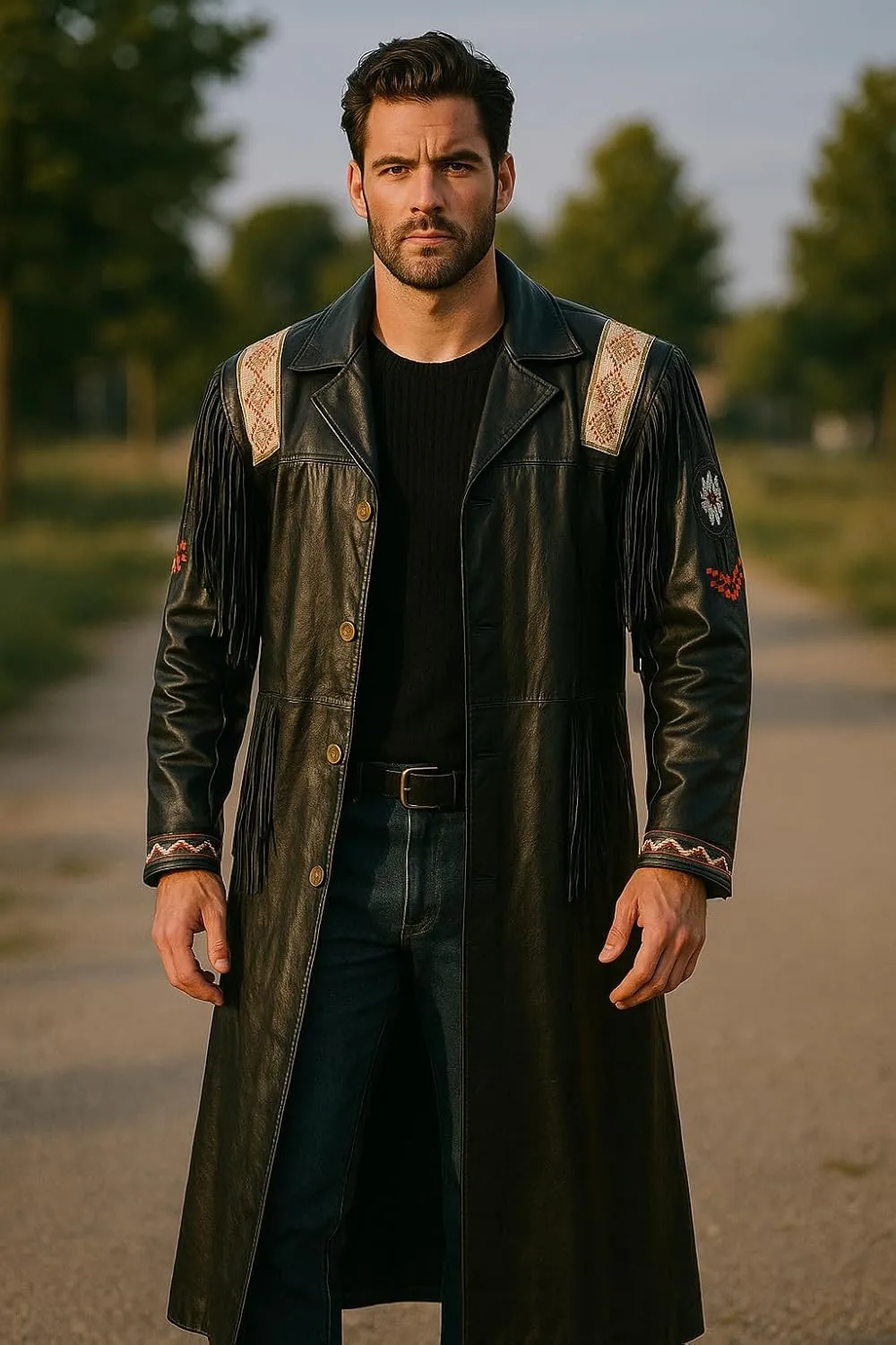 Mens Native American Western Cowboy Fringe Black and Brown Genuine Leather Trench Coats