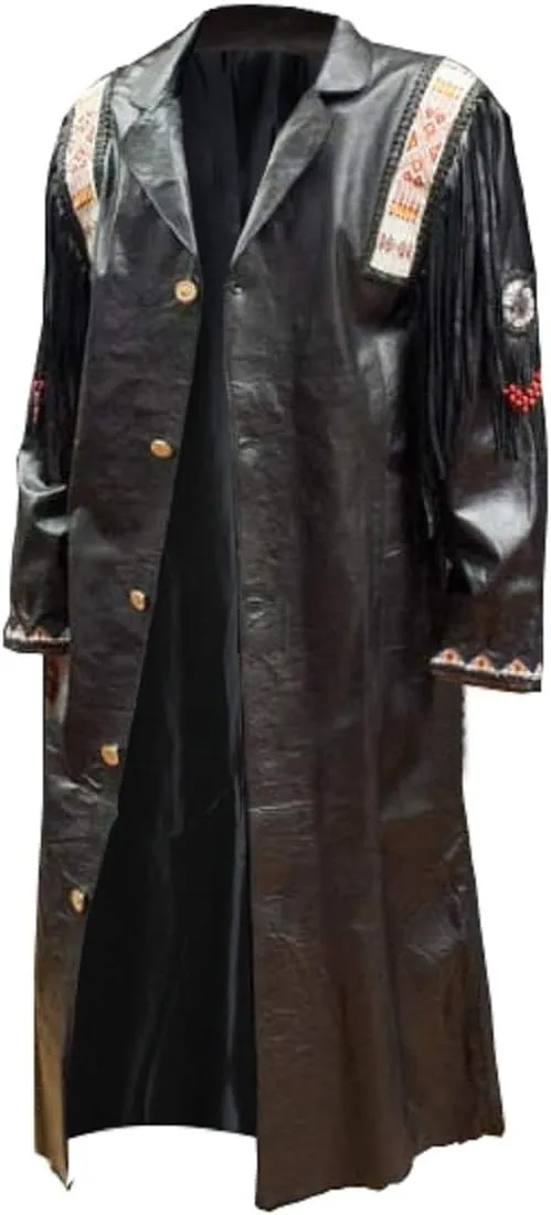 Mens Native American Western Cowboy Fringe Black and Brown Genuine Leather Trench Coats