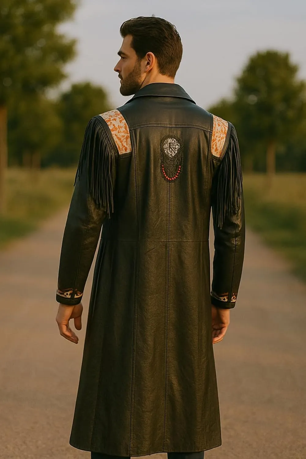 Mens Native American Western Cowboy Fringe Black and Brown Genuine Leather Trench Coats