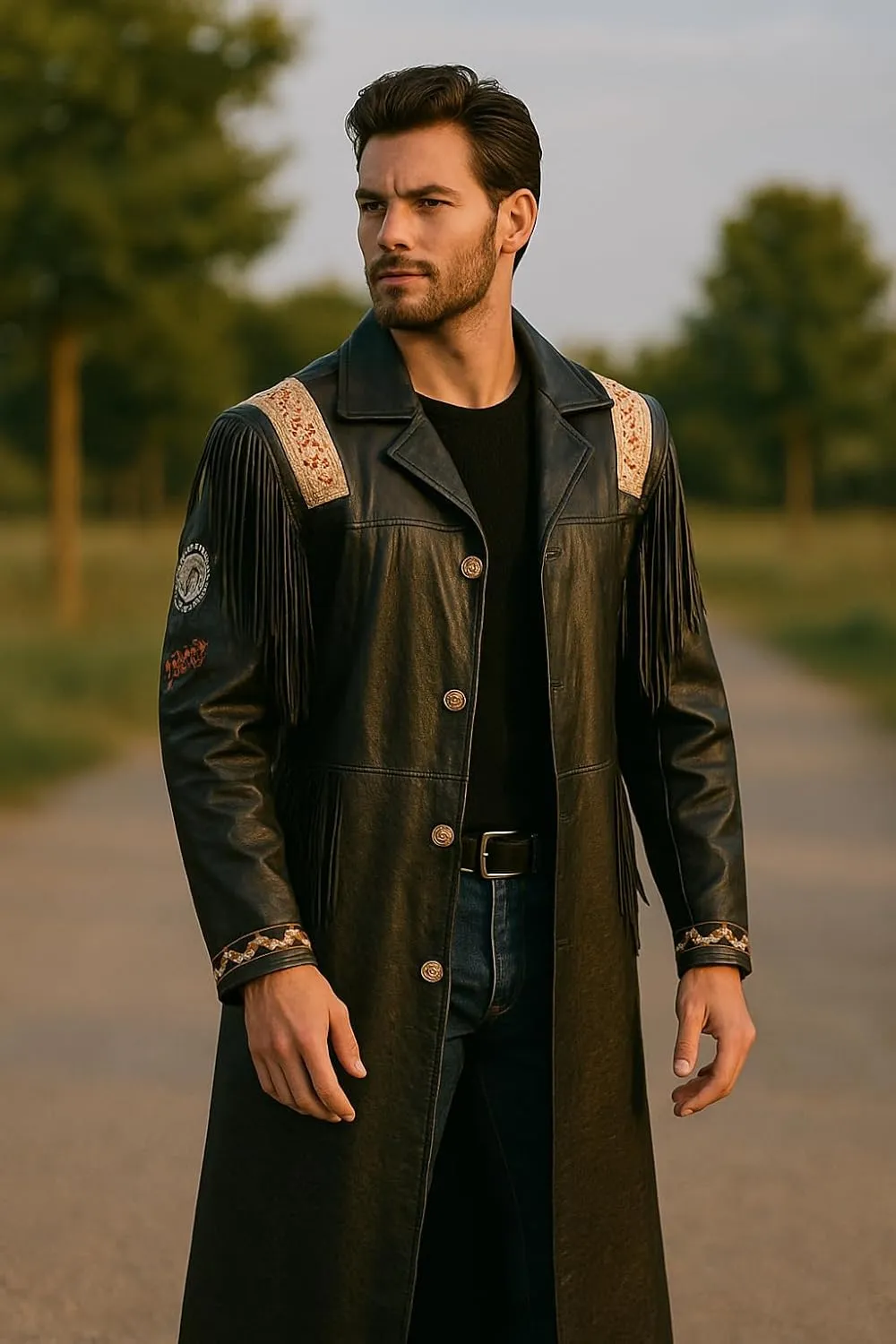 Mens Native American Western Cowboy Fringe Black and Brown Genuine Leather Trench Coats