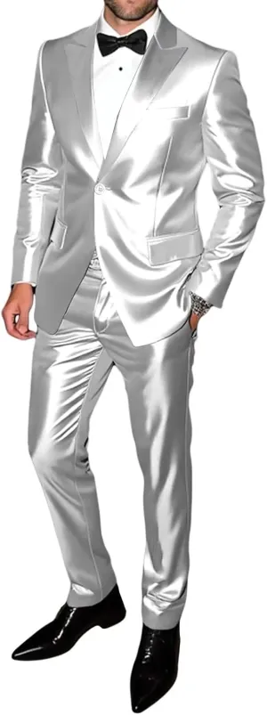 Men's Satin Suits 2 Piece Casual Shiny Suits for Men with Jackets and Pants for Prom Party Wedding