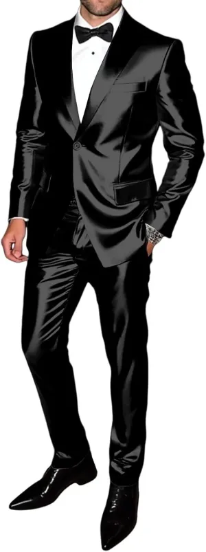 Men's Satin Suits 2 Piece Casual Shiny Suits for Men with Jackets and Pants for Prom Party Wedding