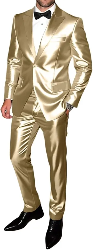 Men's Satin Suits 2 Piece Casual Shiny Suits for Men with Jackets and Pants for Prom Party Wedding
