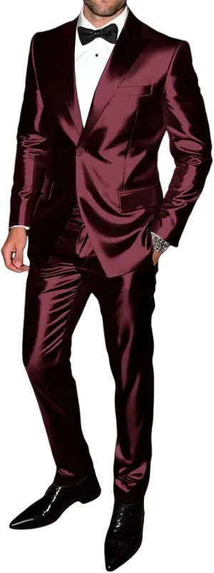 Men's Satin Suits 2 Piece Casual Shiny Suits for Men with Jackets and Pants for Prom Party Wedding