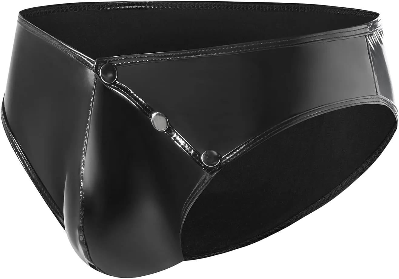 Men's Shiny Leather Shorts, Sexy Button Open Crotch, Briefs Bulge Pouch, Comfort Stretch Waistband