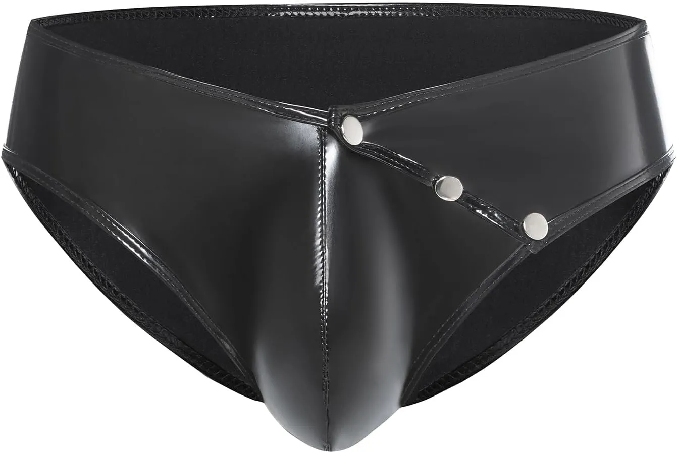 Men's Shiny Leather Shorts, Sexy Button Open Crotch, Briefs Bulge Pouch, Comfort Stretch Waistband