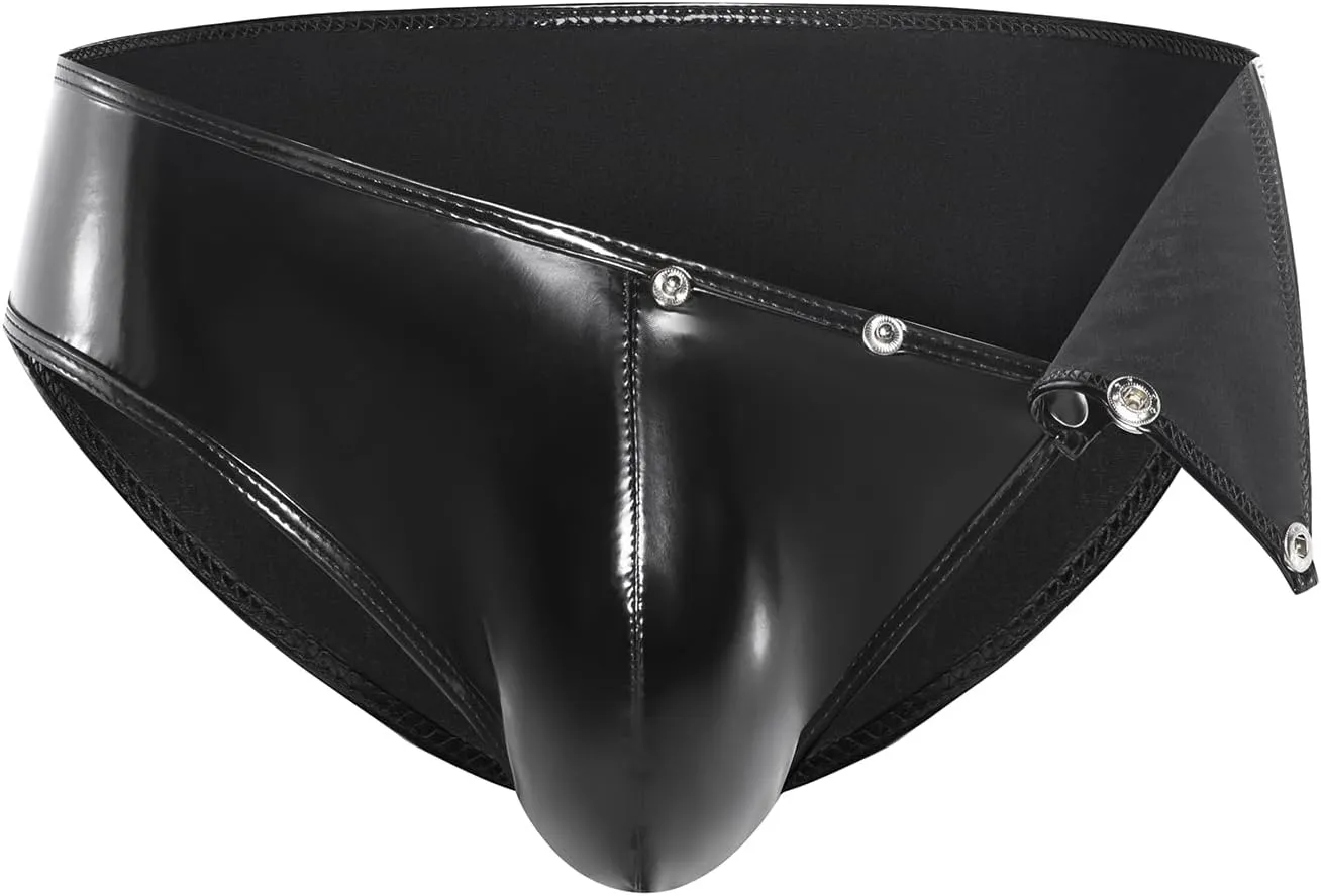 Men's Shiny Leather Shorts, Sexy Button Open Crotch, Briefs Bulge Pouch, Comfort Stretch Waistband