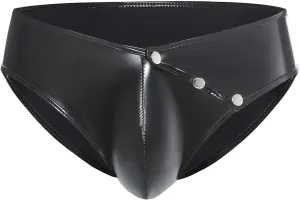 Men's Shiny Leather Shorts, Sexy Button Open Crotch, Briefs Bulge Pouch, Comfort Stretch Waistband