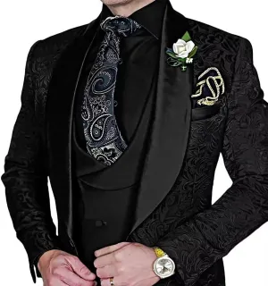 Men's Suit 3 Piece Jacquard Shawl Lapel Set Slim Fit Formal Tuxedo with Jackets Vest Pants for Wedding