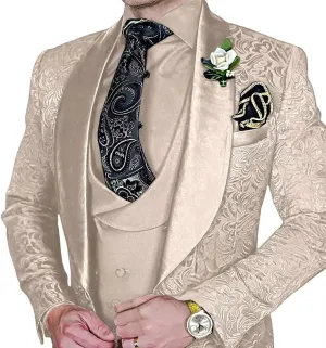 Men's Suit 3 Piece Jacquard Shawl Lapel Set Slim Fit Formal Tuxedo with Jackets Vest Pants for Wedding