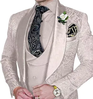 Men's Suit 3 Piece Jacquard Shawl Lapel Set Slim Fit Formal Tuxedo with Jackets Vest Pants for Wedding