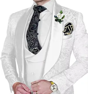 Men's Suit 3 Piece Jacquard Shawl Lapel Set Slim Fit Formal Tuxedo with Jackets Vest Pants for Wedding