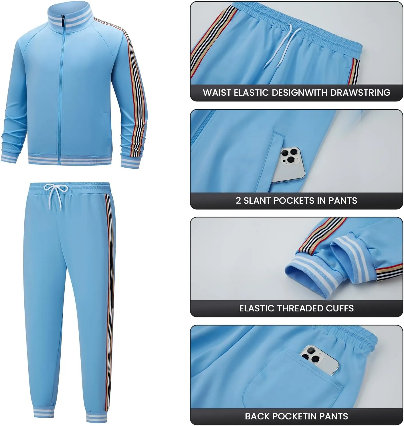 Men's Track suits Sets Long Sleeve Full-zip Sweatsuit Active Jackets and Pants 2 Piece Outfits