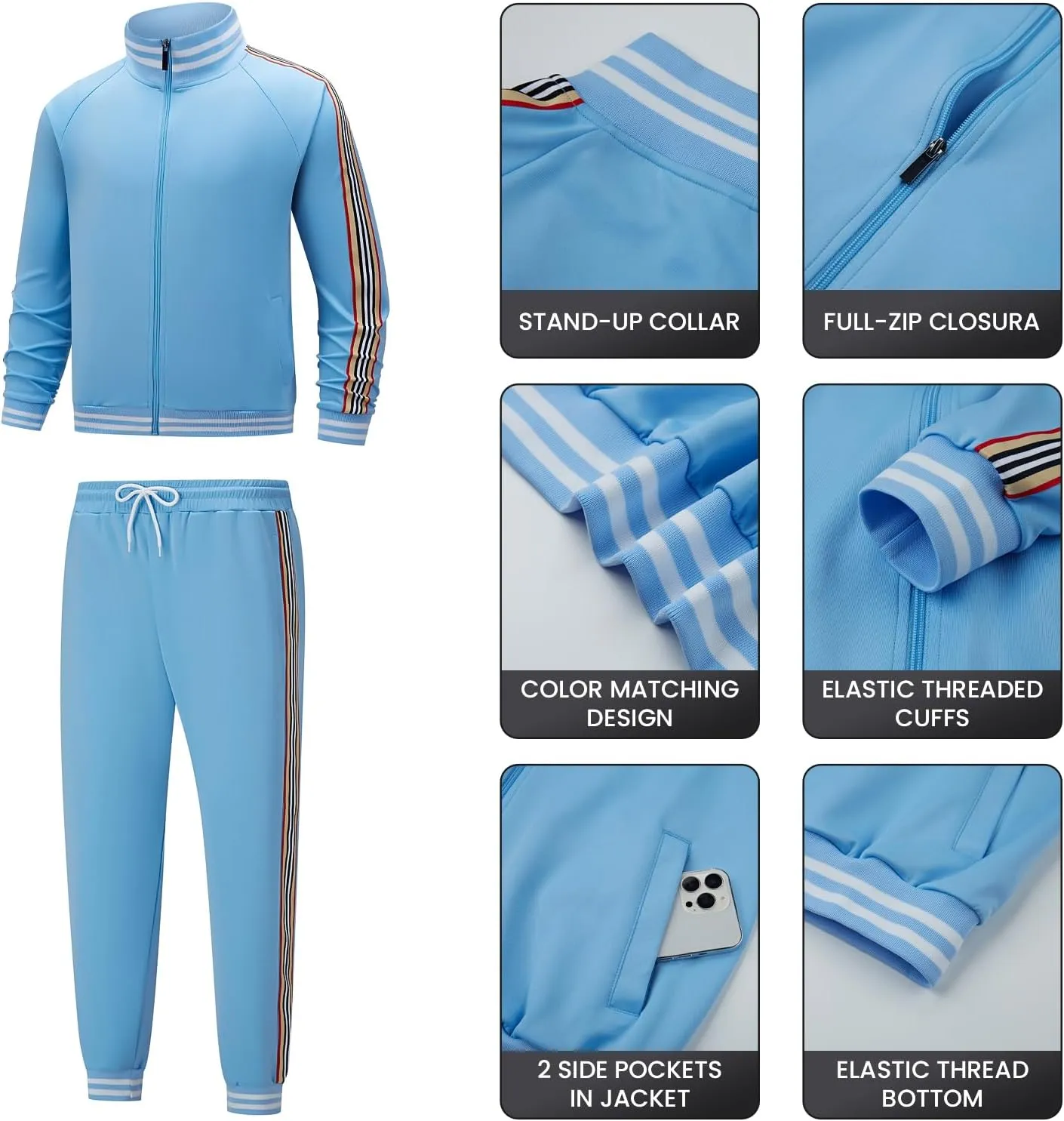 Men's Track suits Sets Long Sleeve Full-zip Sweatsuit Active Jackets and Pants 2 Piece Outfits