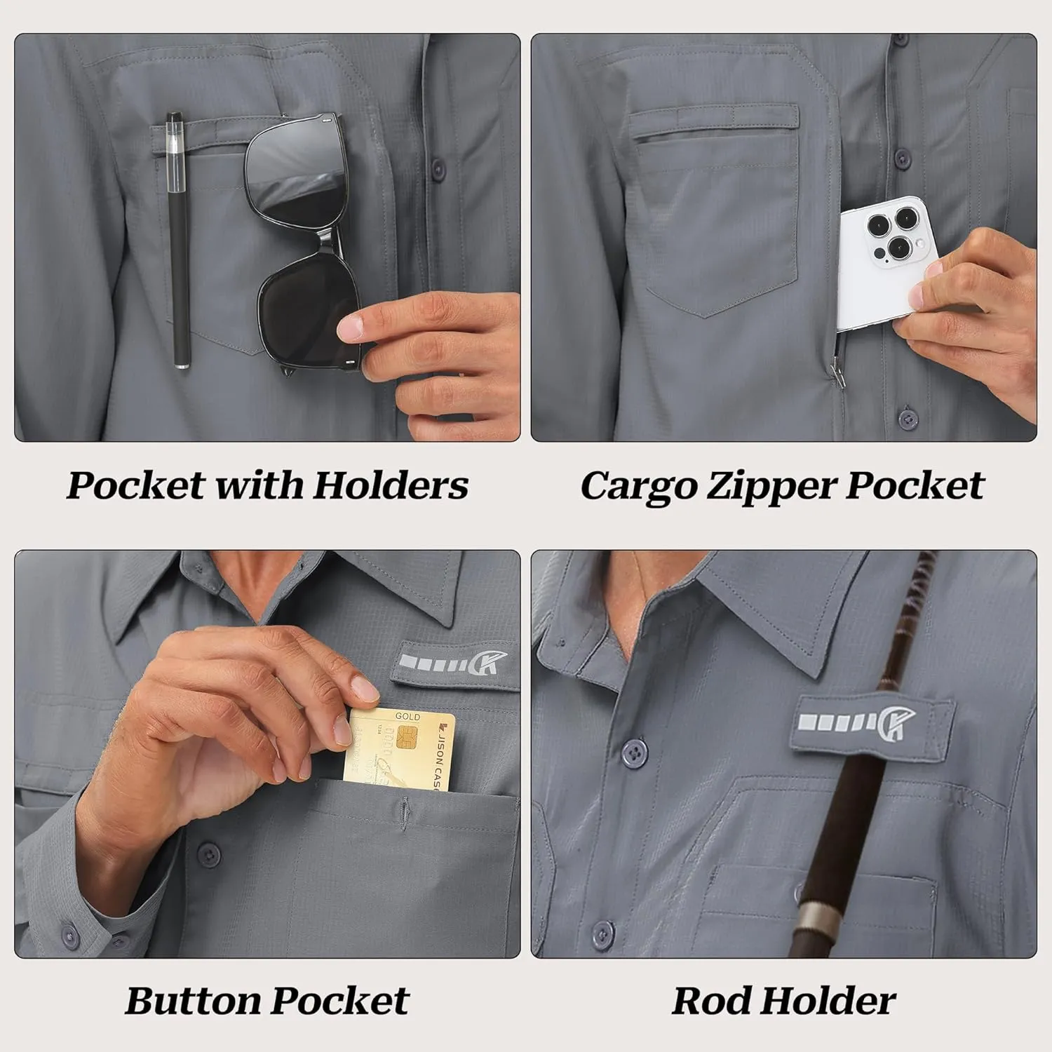 Men's UPF 50  Sun Protection Fishing Shirts Long Sleeve Lightweight Hiking Travel Work Button Down Shirt Zipper Pocket
